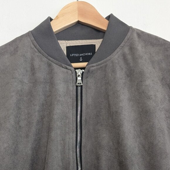 LIFTED ANCHORS Jacket Men's M‎ Gray Suede Bird Bomber Zip Ruched Stretch Sleeves - Picture 2 of 15